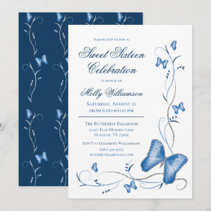 Blue Butterflies & Swirls Sweet 16 Kaart