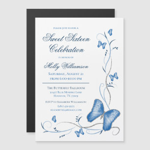 Blue Butterflies & Swirls Sweet 16 Magnetische Uitnodiging