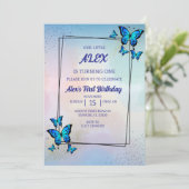 Blue Butterflies verjaardagsfeestje uitnodiging (Staand voorkant)