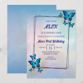 Blue Butterflies verjaardagsfeestje uitnodiging (Voorkant / Achterkant)