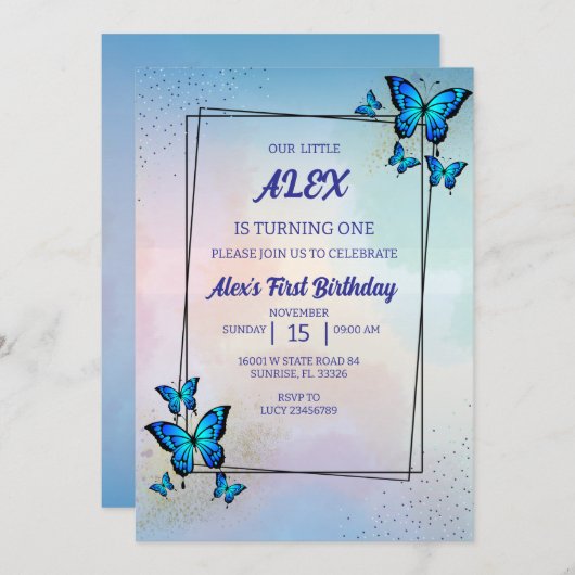 Blue Butterflies verjaardagsfeestje uitnodiging (Voorkant / Achterkant)