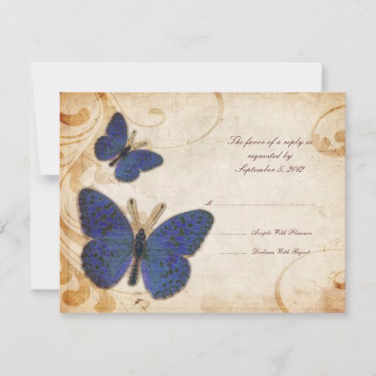 Blue Butterflies Vintage Wedding RSVP Kaartje (Voorkant)