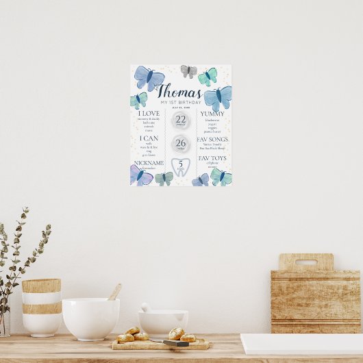 Blue Butterfly 1st Birthday Milestone Poster (Keuken)