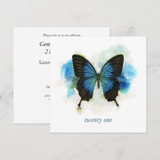 Blue Butterfly 21st Birthday Invitation Kaart (Voorkant / Achterkant)