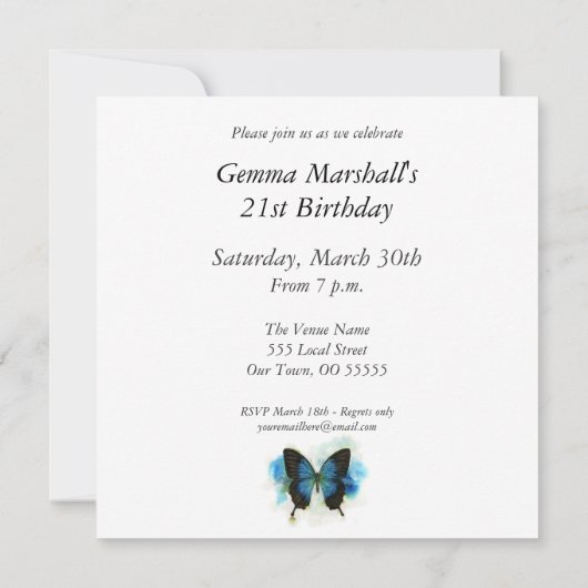 Blue Butterfly 21st Birthday Invitation Kaart (Achterkant)
