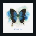 Blue Butterfly 21st Birthday Invitation Kaart<br><div class="desc">Deze illustratie is geïnspireerd door de mooie Papilio Ulysses,  een exotische Swallowtail-vlinder die in Australazië wordt aangetroffen. Papier: Verf,  potloden.</div>