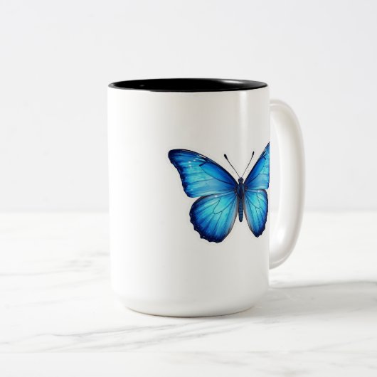 “Blue Butterfly Aesthetic Mug – Elegant Design” Tweekleurige Koffiemok (Voorkant rechts)