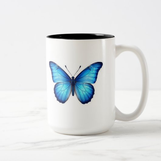 “Blue Butterfly Aesthetic Mug – Elegant Design” Tweekleurige Koffiemok (Rechts)