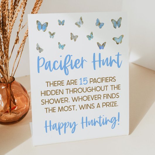 Blue Butterfly Baby shower Pacifier Hunt Game Reclamebord Met Voetstuk