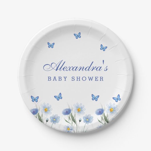 Blue Butterfly Boho Wildflower Baby shower Papieren Bordje (Voorkant)