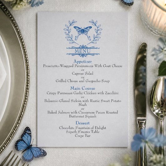 Blue Butterfly Bruiloft Suite 4.5" x 6.25" Menu