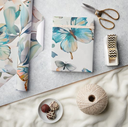 Blue Butterfly CottageCore Pattern Cadeaupapier (Crafts)