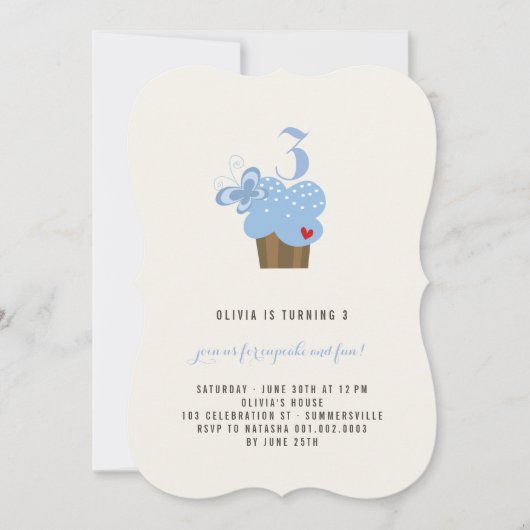 Blue Butterfly Cupcake Girl Birthday Party Invite Kaart (Voorkant)