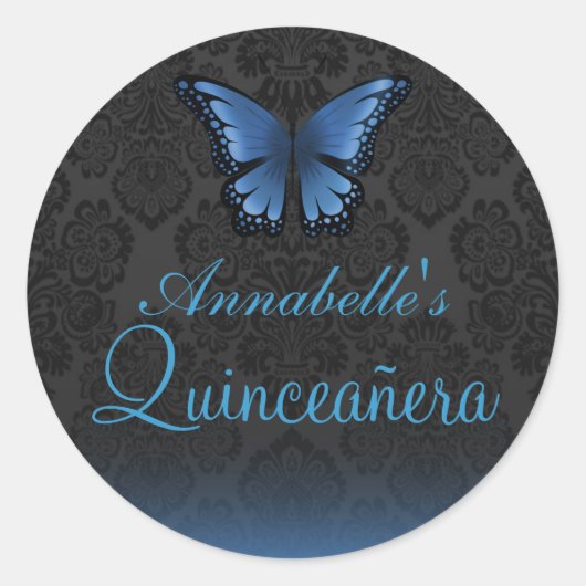 Blue Butterfly & Damask Quinceañera Sticker (Voorkant)