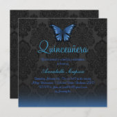 Blue Butterfly & Damask Quinceanera Uitnodigen Kaart (Voorkant / Achterkant)