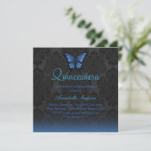 Blue Butterfly & Damask Quinceanera Uitnodigen Kaart (Staand voorkant)