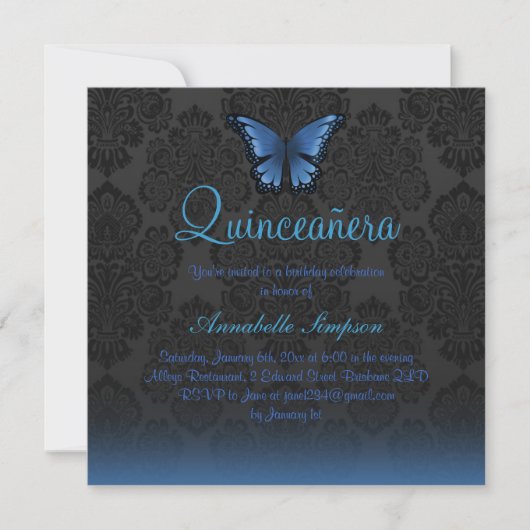 Blue Butterfly & Damask Quinceanera Uitnodigen Kaart (Voorkant)