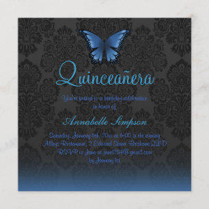 Blue Butterfly & Damask Quinceanera Uitnodigen Kaart
