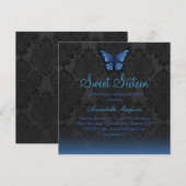Blue Butterfly & Damask Sweet16 Uitnodigen Kaart (Voorkant / Achterkant)