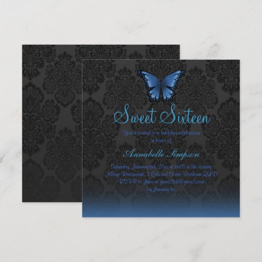 Blue Butterfly & Damask Sweet16 Uitnodigen Kaart (Voorkant / Achterkant)