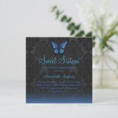 Blue Butterfly & Damask Sweet16 Uitnodigen Kaart (Staand voorkant)