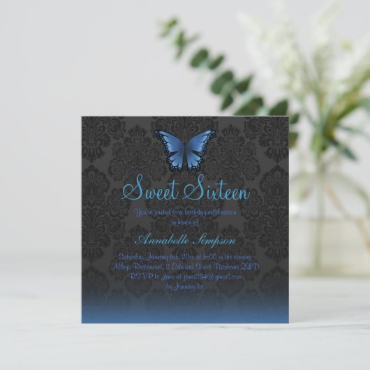 Blue Butterfly & Damask Sweet16 Uitnodigen Kaart (Staand voorkant)