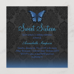 Blue Butterfly & Damask Sweet16 Uitnodigen Kaart