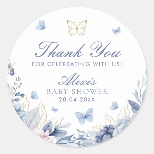 Blue Butterfly Dank je jongen Baby shower Ronde Sticker (Voorkant)