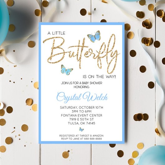 Blue Butterfly en Glitter Baby shower Invitation Kaart