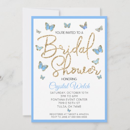 Blue Butterfly en Gold Glitter Vrijgezellenfeest Kaart (Voorkant)