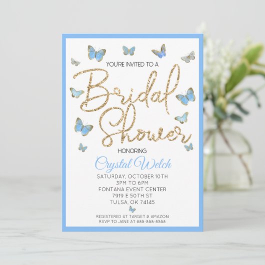 Blue Butterfly en Gold Glitter Vrijgezellenfeest Kaart (Staand voorkant)