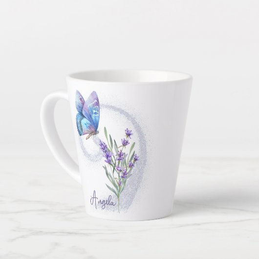 Blue Butterfly en Lavender Personalized Latte Mok (Linkerhoek)