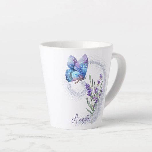 Blue Butterfly en Lavender Personalized Latte Mok (Rechterhoek)