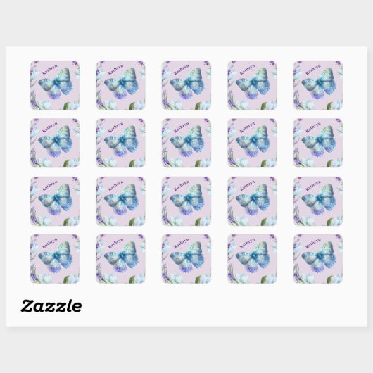 Blue Butterfly en Lavender Personalized Vierkante Sticker (Vel)