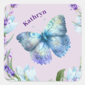 Blue Butterfly en Lavender Personalized Vierkante Sticker (Voorkant)