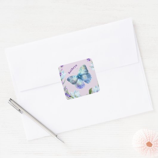 Blue Butterfly en Lavender Personalized Vierkante Sticker (Envelop)