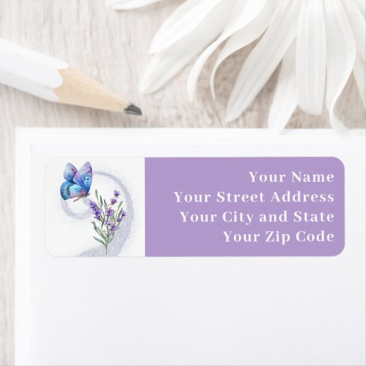 Blue Butterfly en Lavender Return Address Label (Insitu)