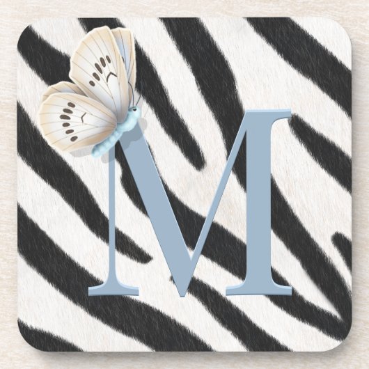 Blue Butterfly en Zebra Fur Blue Monogram op maat Bier Onderzetter (Voorkant)