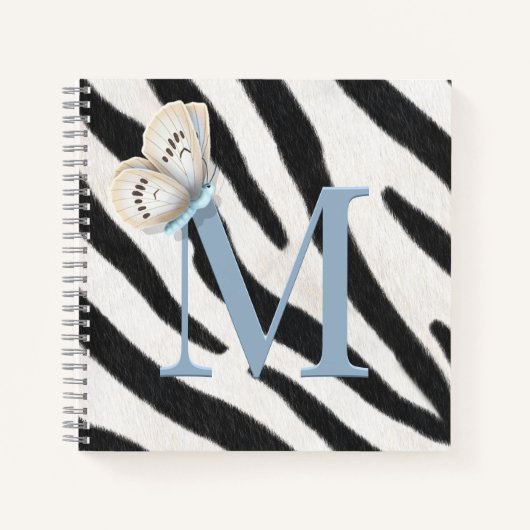 Blue Butterfly en Zebra Fur Blue Monogram op maat Notitieboek (Voorkant)