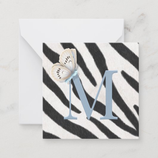 Blue Butterfly en Zebra Fur Bue Monogram, aangepas Notitiekaartje (Voorkant)