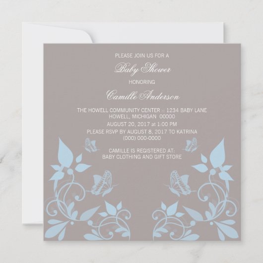 Blue Butterfly Floral Baby shower Invite Kaart (Voorkant)