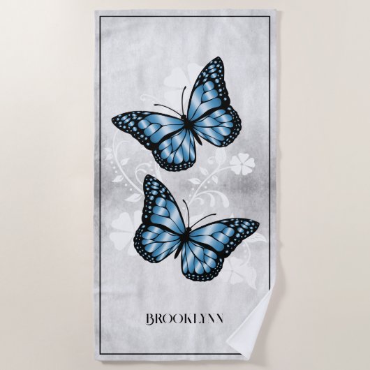 Blue Butterfly Floral Beach Towel Strandlaken (Voorkant)