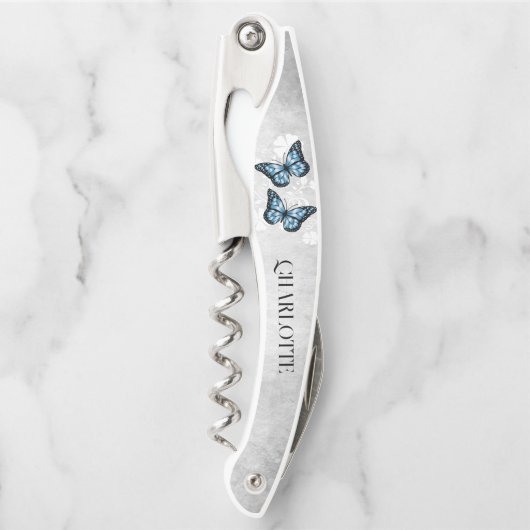 Blue Butterfly Floral Corkschroef Kurkentrekker (Voorkant)