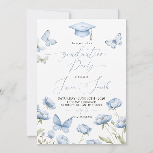 Blue Butterfly Floral Graduation Invitation Kaart (Voorkant)