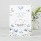 Blue Butterfly Floral Graduation Invitation Kaart (Staand voorkant)