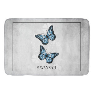 Blue Butterfly Floral Personalized Bath Mat