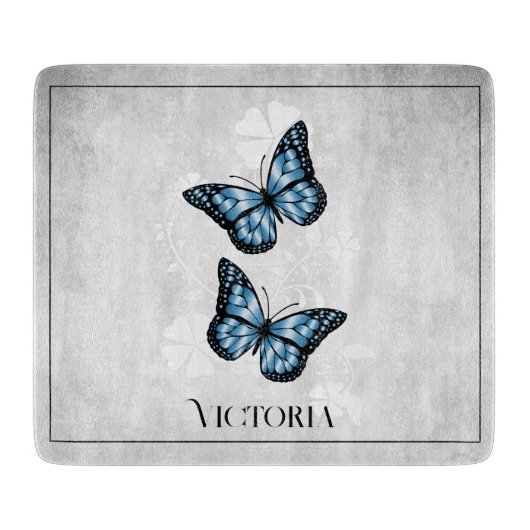 Blue Butterfly Floral Personalized Cutting Board Snijplank (Voorkant)