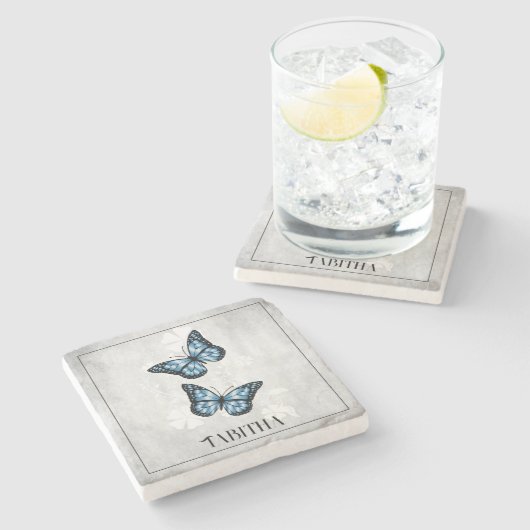 Blue Butterfly Floral Personalized Stone Onderzett Stenen Onderzetter (Zijkant)
