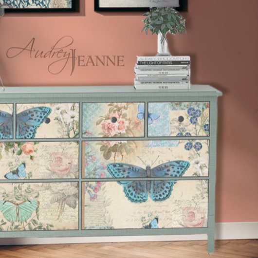 Blue Butterfly Floral Script Ephemera-ontkoppeling Tissuepapier