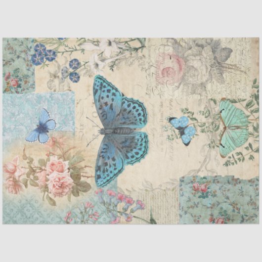 Blue Butterfly Floral Script Ephemera-ontkoppeling Tissuepapier (Voorkant)
